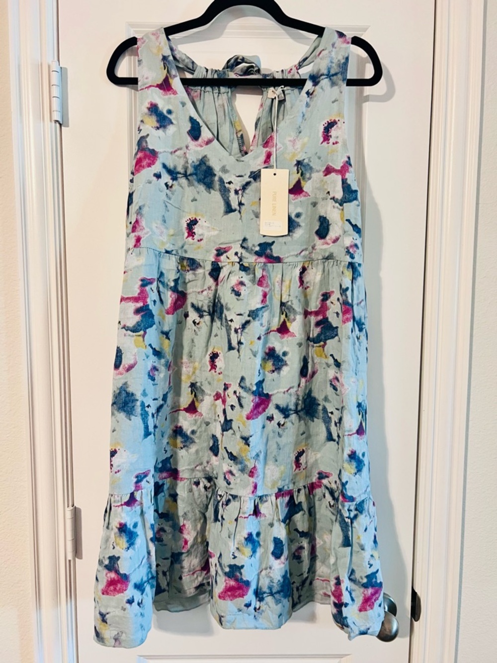 Abstract Print Linen Tie-Neck Dress